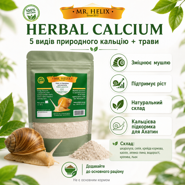 Herbal calcium 5 видів кальцію + трави для равликів Ахатин Містер Хеликс 200г. 44567835 фото
