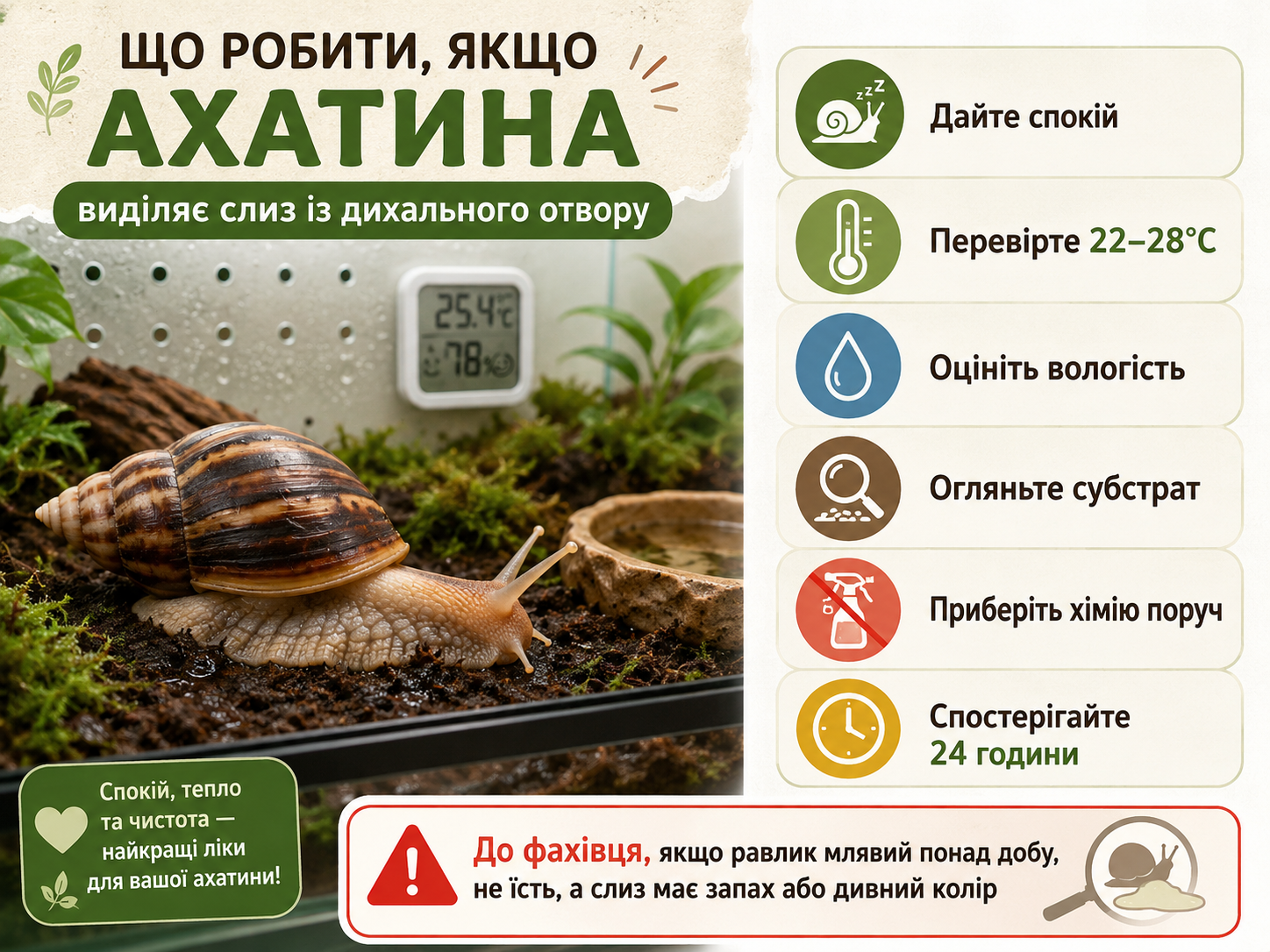 Інфографіка: що робити якщо Ахатина виділяє слиз із дихального отвору — покроковий чеклист