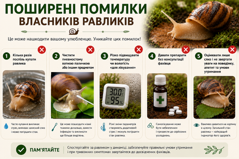 Інфографіка: п’ять поширених помилок власників равликів — часте купання, чищення пневмостоми, різкі зміни температури або вологості, самолікування та оцінювання стану лише за слизом