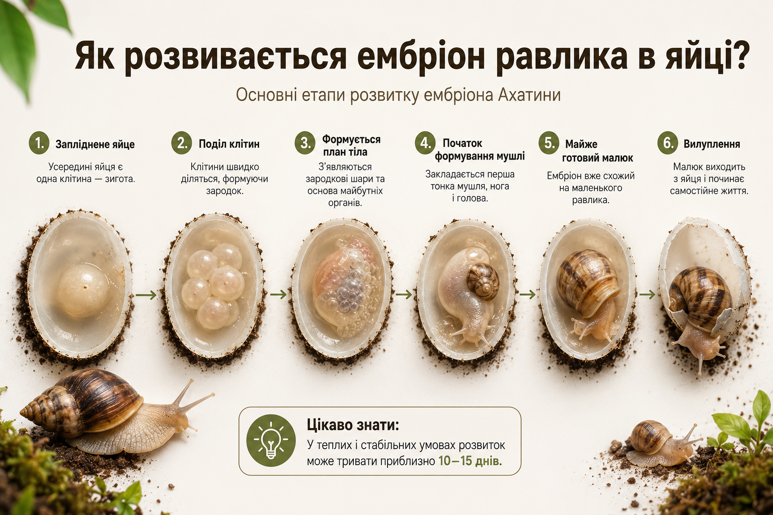 Инфографика с этапами развития эмбриона улитки Ахатины внутри яйца